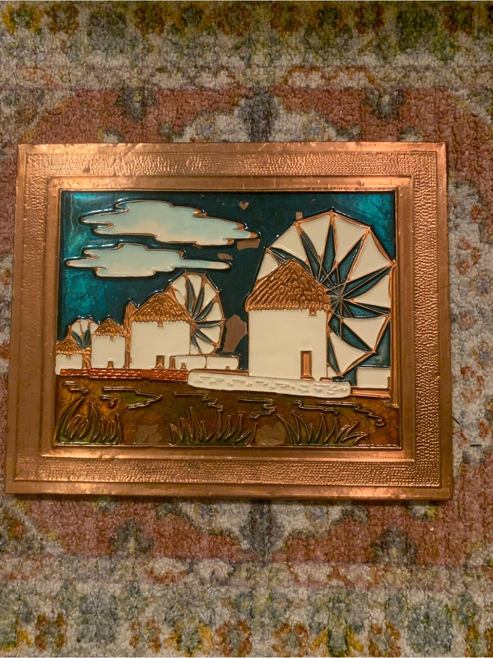 Rustic Copper-Tone Windmill Wall Art - Teal & White